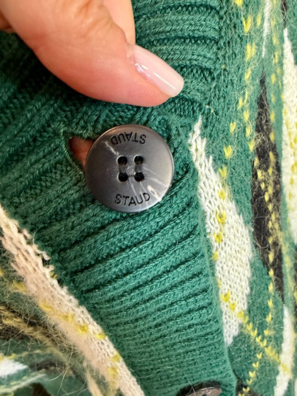 Staud Knave Cardigan in Green Cypress Argyle - Size S - Picture 6 of 8